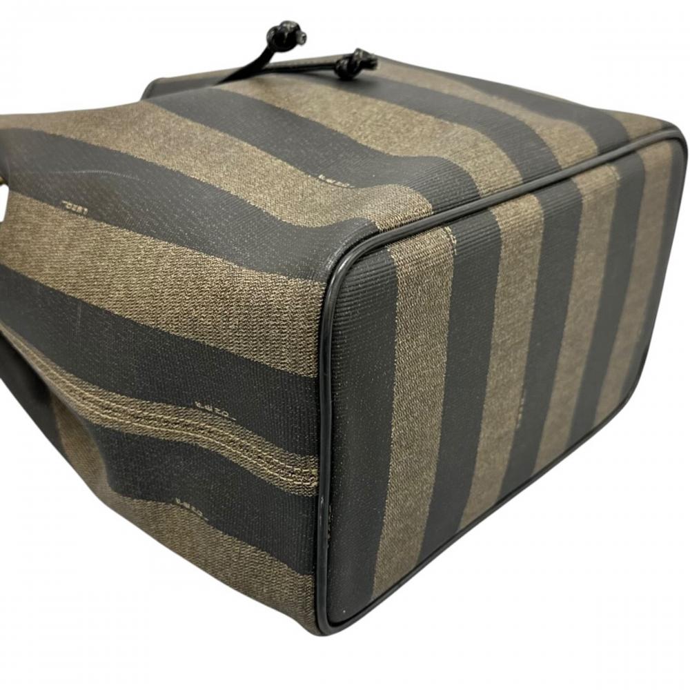 FENDI フェンディ ショルダーバッグ ペカン 巾着型 FFロゴ PVCコーティングキャンバス ブラウン 茶 ブラック 黒 ゴールド金具 レディース【中古品】
