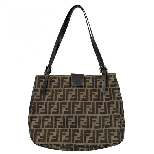 FENDI フェンディ トートバッグ ズッカ ハンドバッグ キャンバス レザー ブラウン 茶 シルバー金具 レディース【中古品】