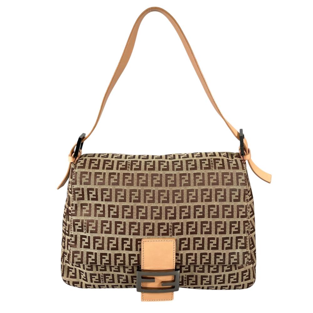 FENDI フェンディ ハンドバッグ マンマバケット ズッキーノ ワンショルダー 8BR001 キャンバス レザー ブラウン 茶 シルバー金具 レディース【中古品】
