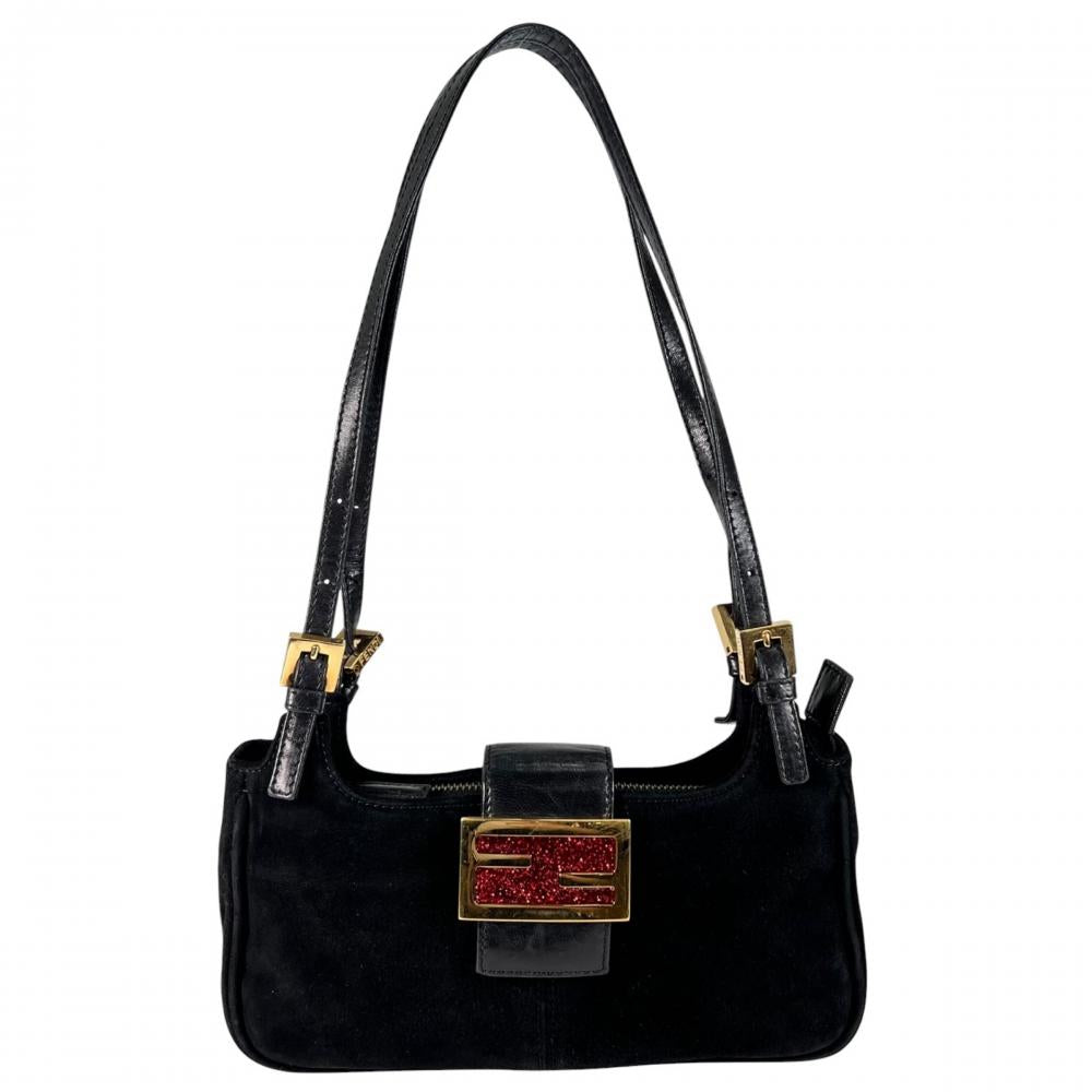 FENDI フェンディ ショルダーバッグ マンマバケット ロゴ金具 スウェード レザー ブラック 黒 レッド 赤 ゴールド金具 レディース【中古品】