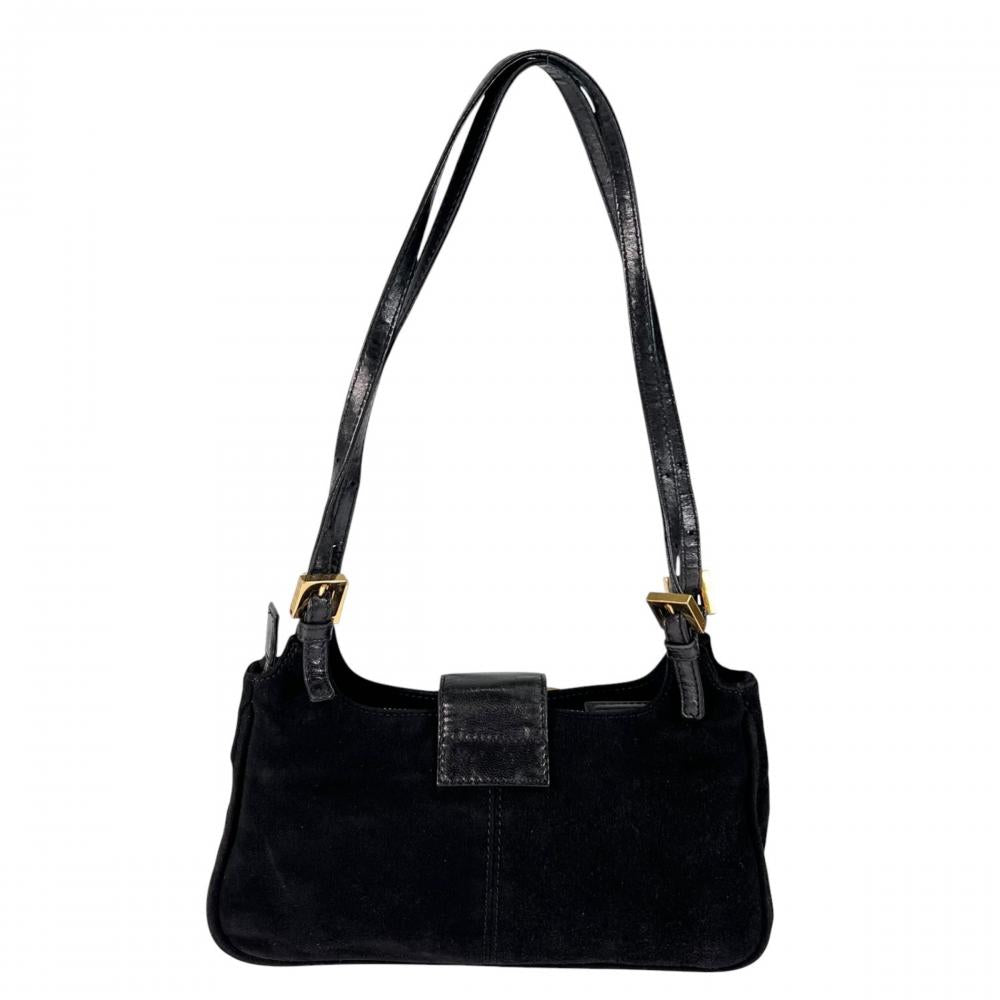 FENDI フェンディ ショルダーバッグ マンマバケット ロゴ金具 スウェード レザー ブラック 黒 レッド 赤 ゴールド金具 レディース【中古品】