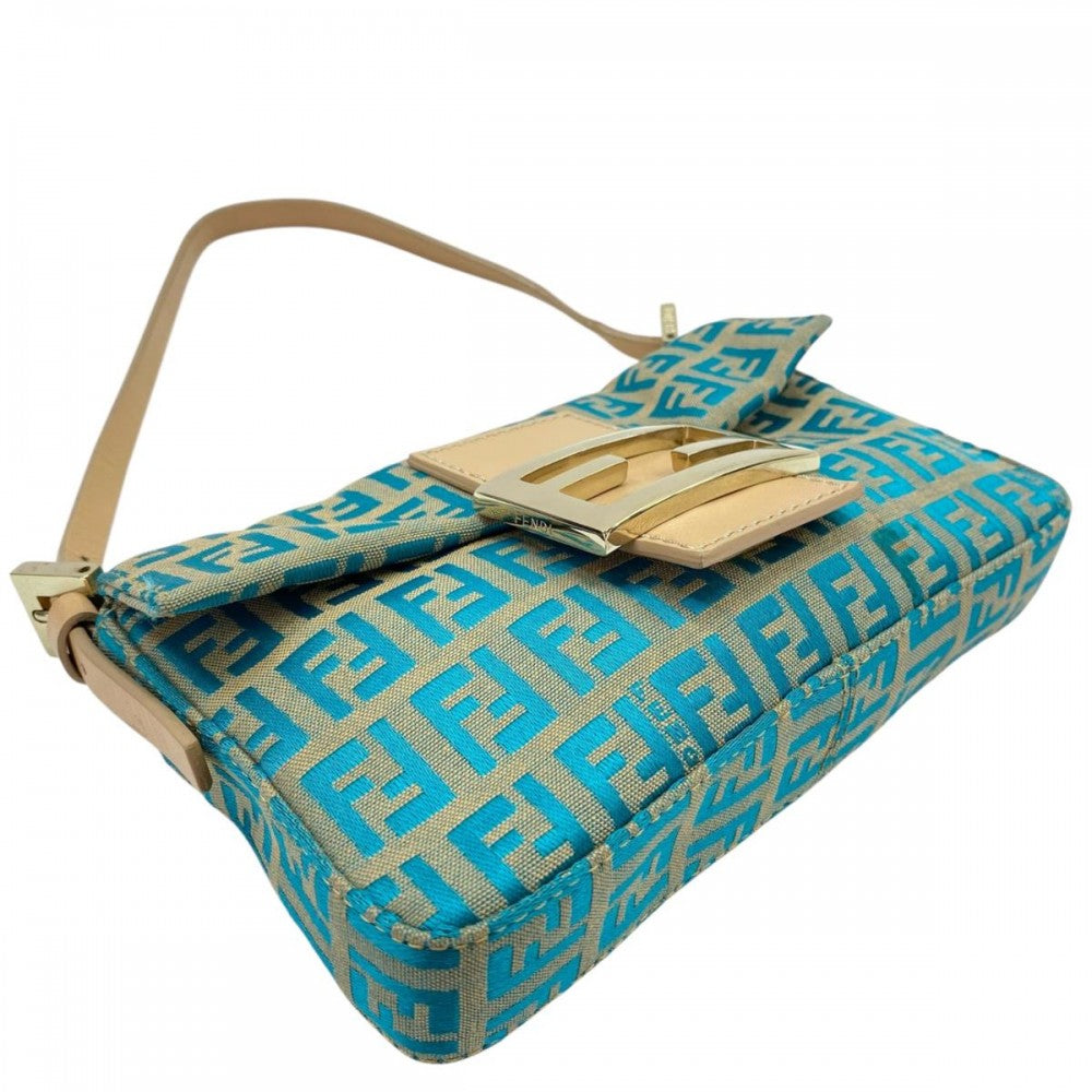 【開店SALE】 FENDI フェンディ ショルダーバッグ ズッキーノ ミニマンマバケット ワンショルダーバッグ ハンドバッグ 8BK005 キャンバス レザー ブルー 青 ベージュ ゴールド金具 レディース【中古品】