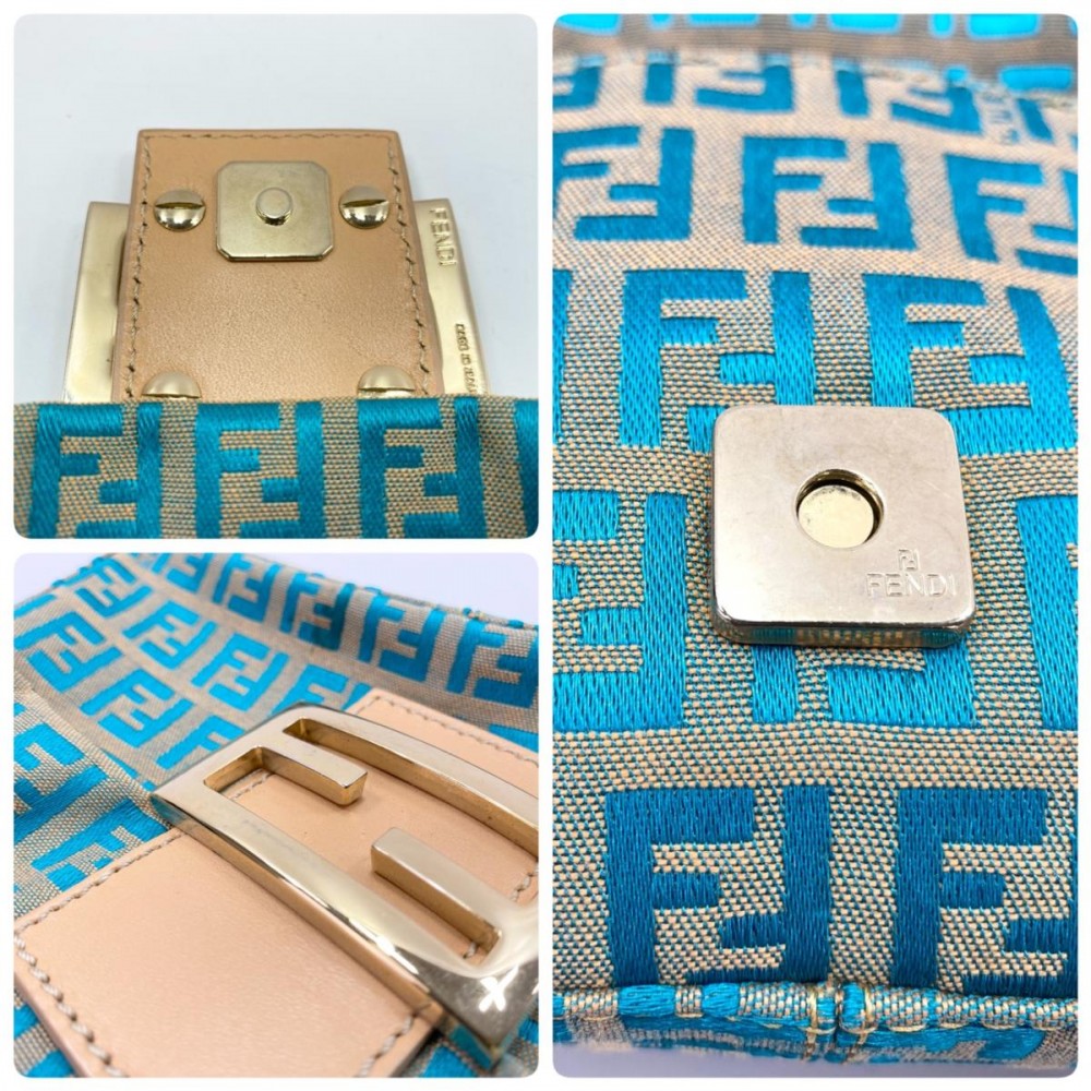 【開店SALE】 FENDI フェンディ ショルダーバッグ ズッキーノ ミニマンマバケット ワンショルダーバッグ ハンドバッグ 8BK005 キャンバス レザー ブルー 青 ベージュ ゴールド金具 レディース【中古品】