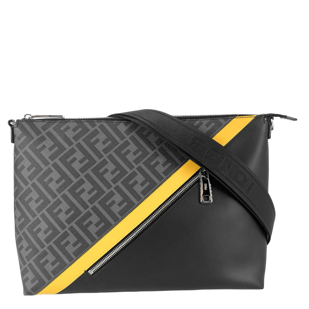 FENDI フェンディ ショルダーバッグ ダイアゴナルメッセンジャーバッグ FF セカンドバッグ 2WAY 7VA470 レザー グレー イエロー シルバー金具 メンズ【中古品】