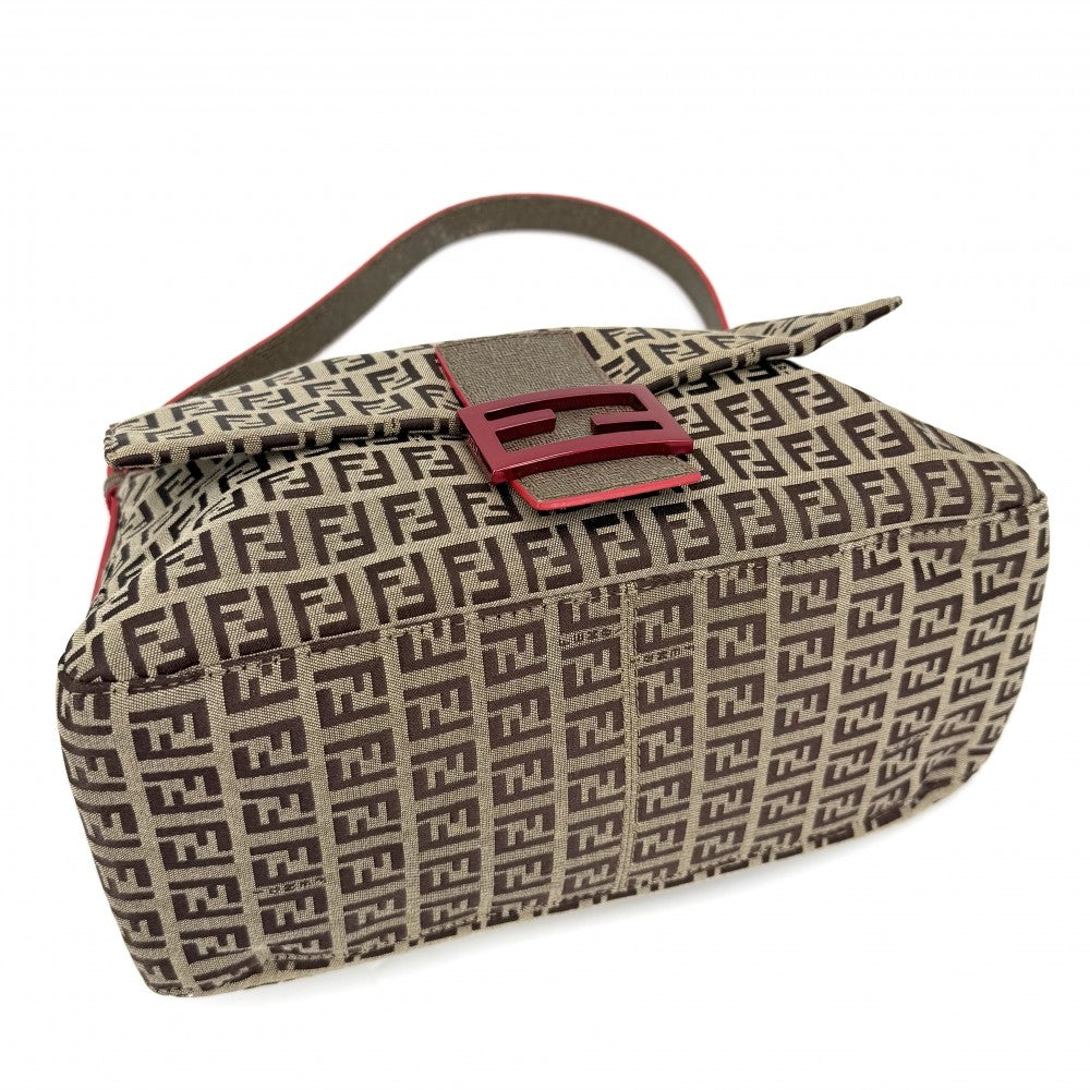 FENDI フェンディ ショルダーバッグ マンマバケット ズッキーノ柄 8BR001 キャンバス レザー ブラウン 茶 レッド 赤 ゴールド×レッド金具 レディース【中古品】