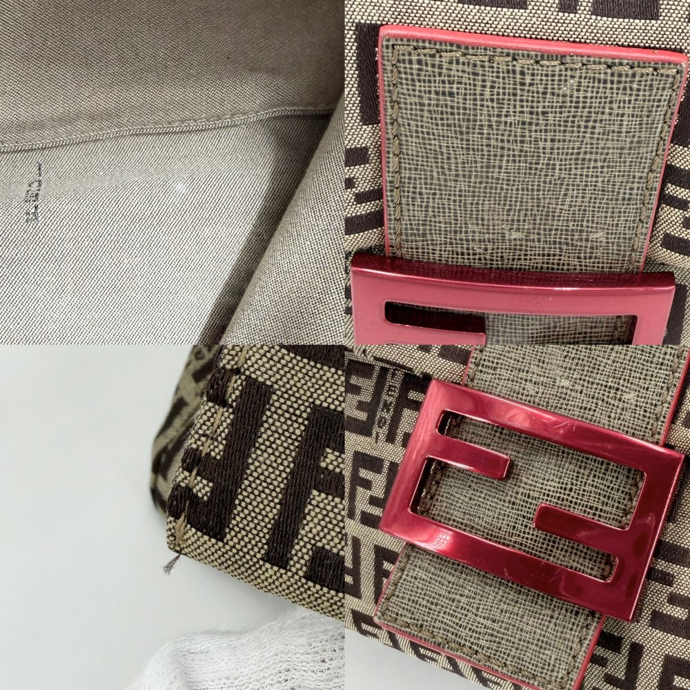 FENDI フェンディ ショルダーバッグ マンマバケット ズッキーノ柄 8BR001 キャンバス レザー ブラウン 茶 レッド 赤 ゴールド×レッド金具 レディース【中古品】