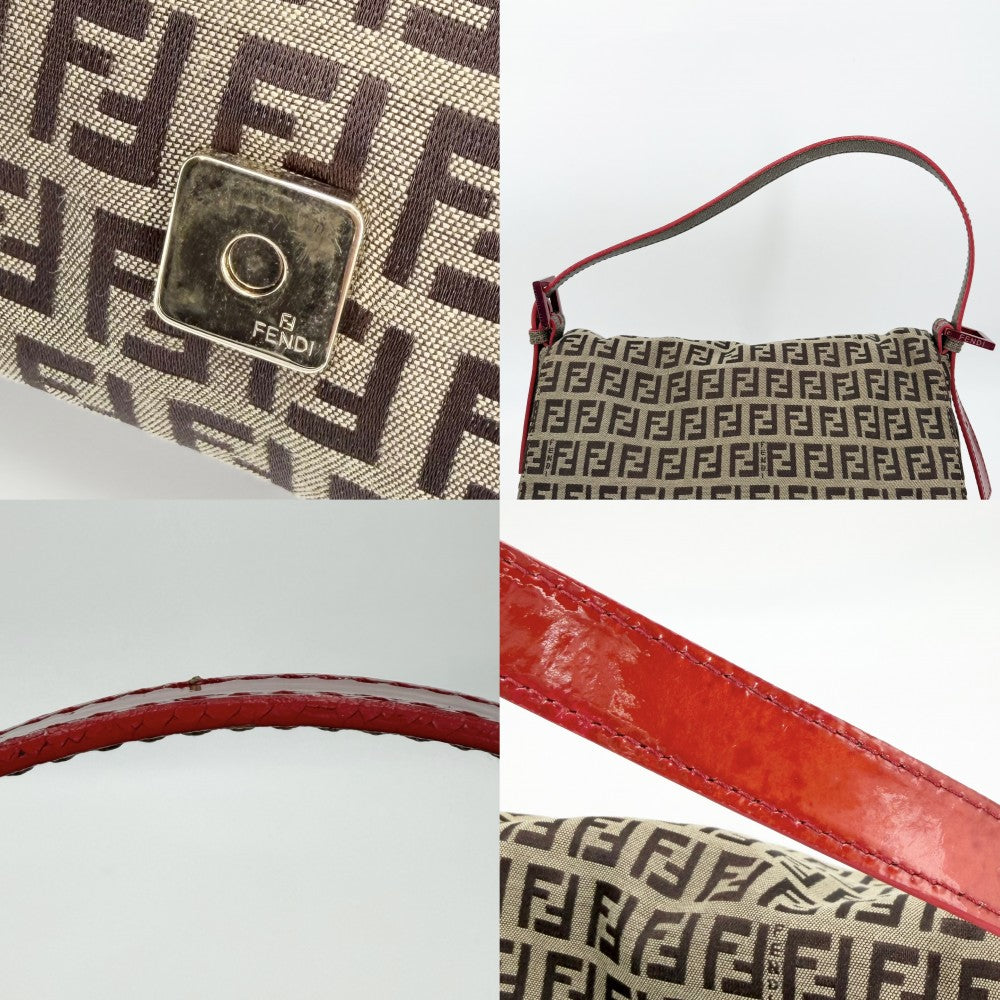 FENDI フェンディ ショルダーバッグ マンマバケット ズッキーノ柄 8BR001 キャンバス レザー ブラウン 茶 レッド 赤 ゴールド×レッド金具 レディース【中古品】