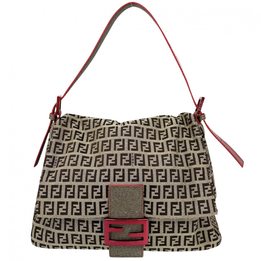 FENDI フェンディ ショルダーバッグ マンマバケット ズッキーノ柄 8BR001 キャンバス レザー ブラウン 茶 レッド 赤 ゴールド×レッド金具 レディース【中古品】