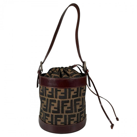 FENDI フェンディ ハンドバッグ ズッカ バケット 巾着型 16325 キャンバス レザー ブラウン 茶 シルバー金具 レディース【中古品】