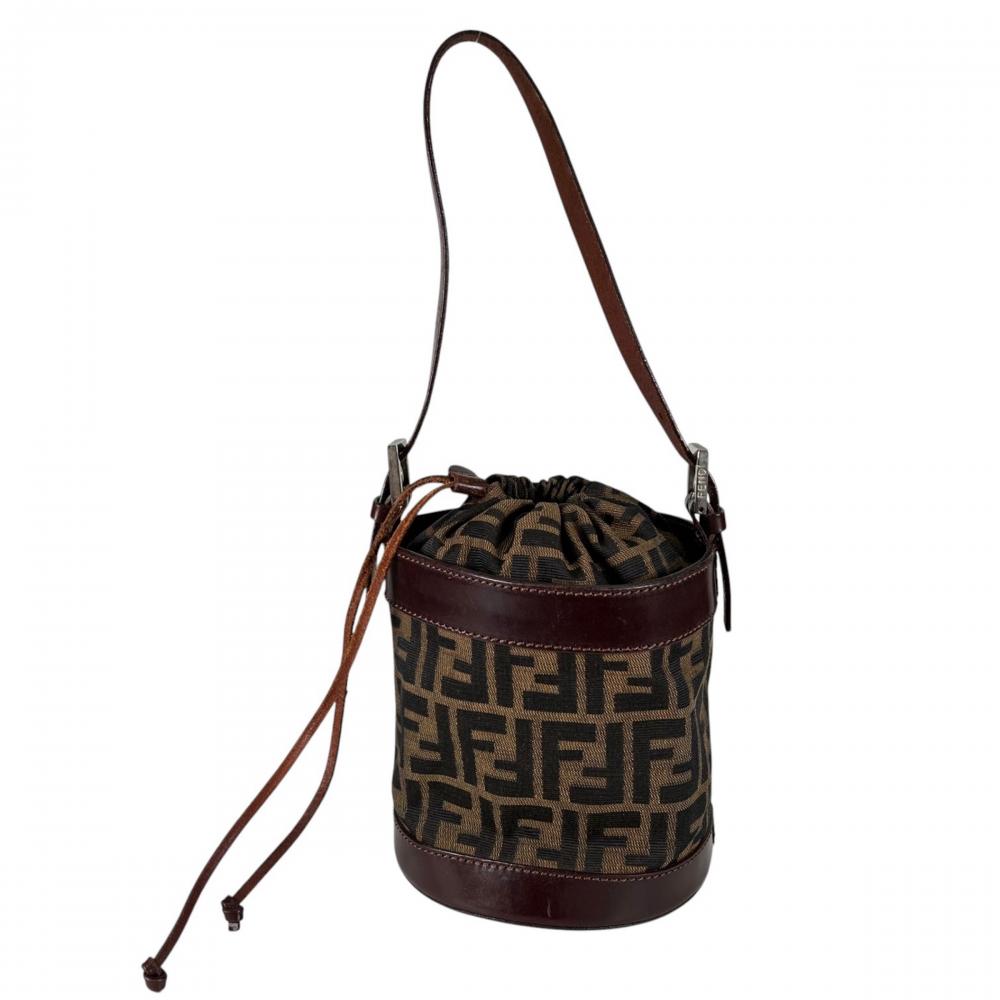 FENDI フェンディ ハンドバッグ ズッカ バケット 巾着型 16325 キャンバス レザー ブラウン 茶 シルバー金具 レディース【中古品】