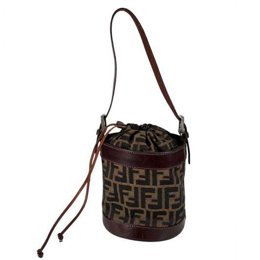 FENDI フェンディ ハンドバッグ ズッカ バケット 巾着型 16325 キャンバス レザー ブラウン 茶 シルバー金具 レディース【中古品】