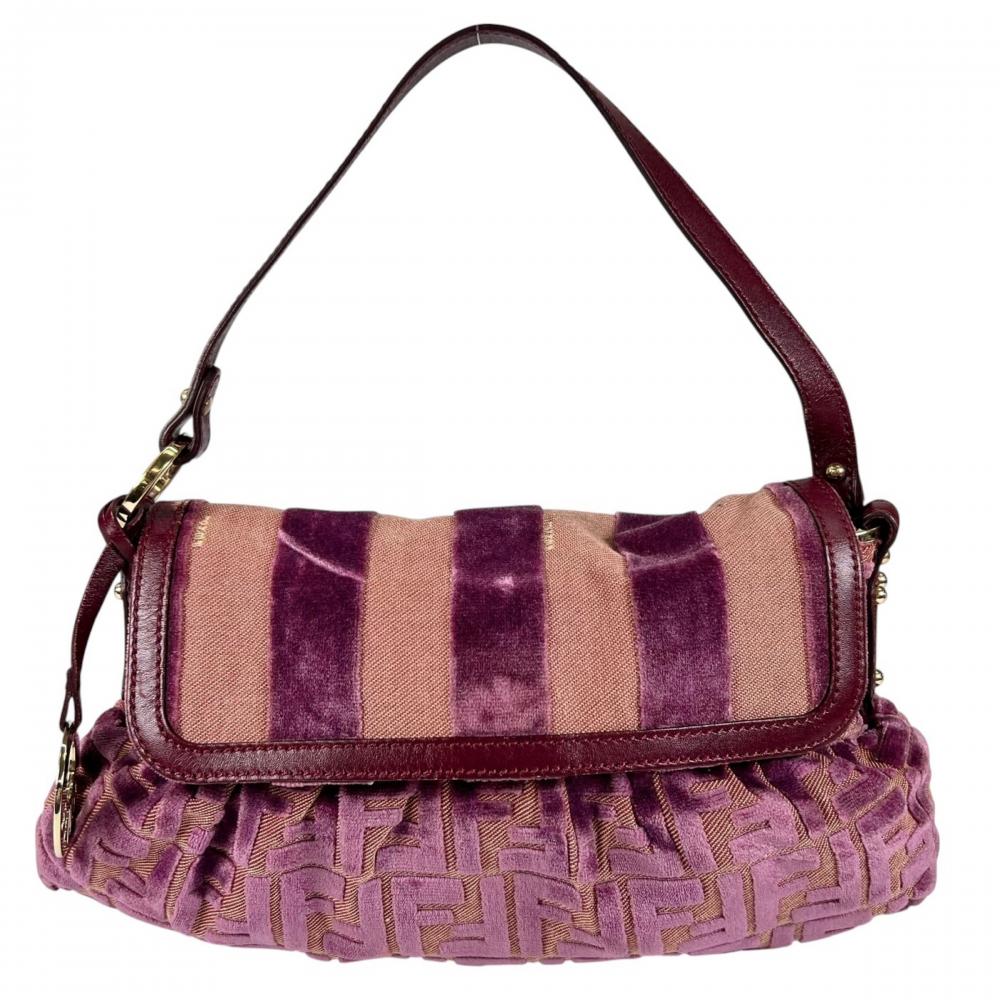 FENDI フェンディ ハンドバッグ ズッカ ストライプ ベルベット ベロア 8BR445 レザー ジャガードキャンバス ピンク ゴールド金具 レディース【中古品】