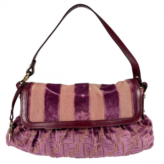 FENDI フェンディ ハンドバッグ ズッカ ストライプ ベルベット ベロア 8BR445 レザー ジャガードキャンバス ピンク ゴールド金具 レディース【中古品】