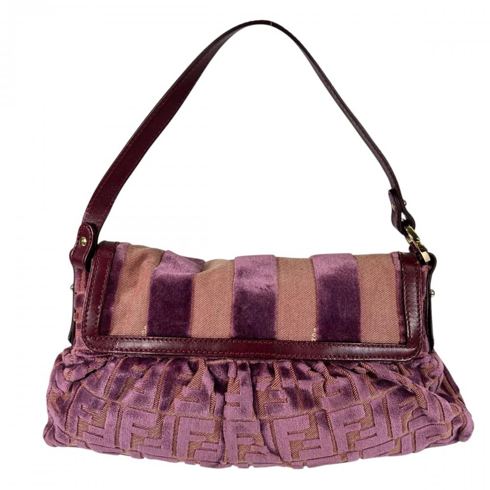 FENDI フェンディ ハンドバッグ ズッカ ストライプ ベルベット ベロア 8BR445 レザー ジャガードキャンバス ピンク ゴールド金具 レディース【中古品】