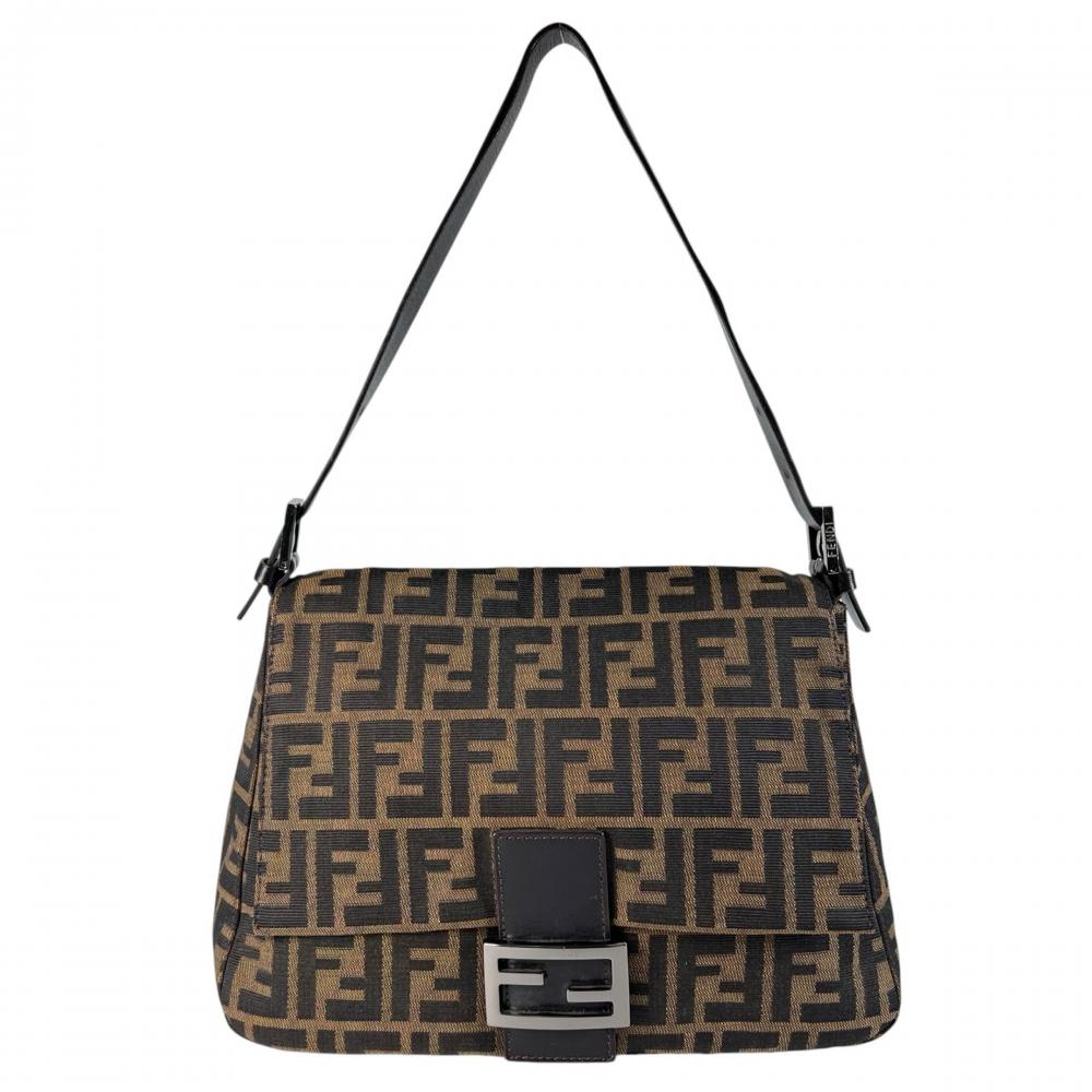 FENDI フェンディ ショルダーバッグ ズッカ マンマバケット ロゴマグネット 8BR001 キャンバス レザー ブラウン 茶 シルバー金具 レディース【中古品】