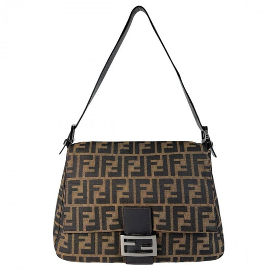 FENDI フェンディ ショルダーバッグ ズッカ マンマバケット ロゴマグネット 8BR001 キャンバス レザー ブラウン 茶 シルバー金具 レディース【中古品】