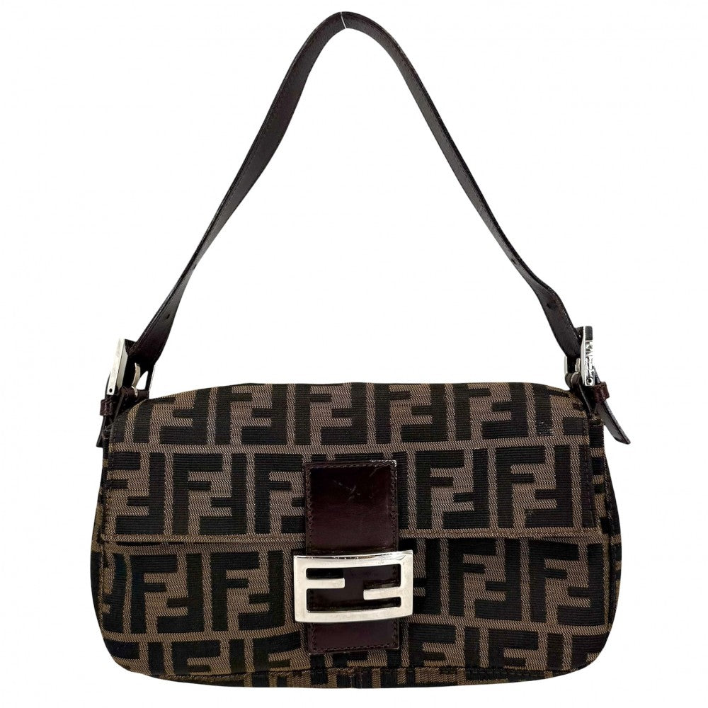 FENDI フェンディ ショルダーバッグ マンマバケット ズッカ 26424 キャンバス レザー ブラウン 茶 シルバー金具 レディース【中古品】