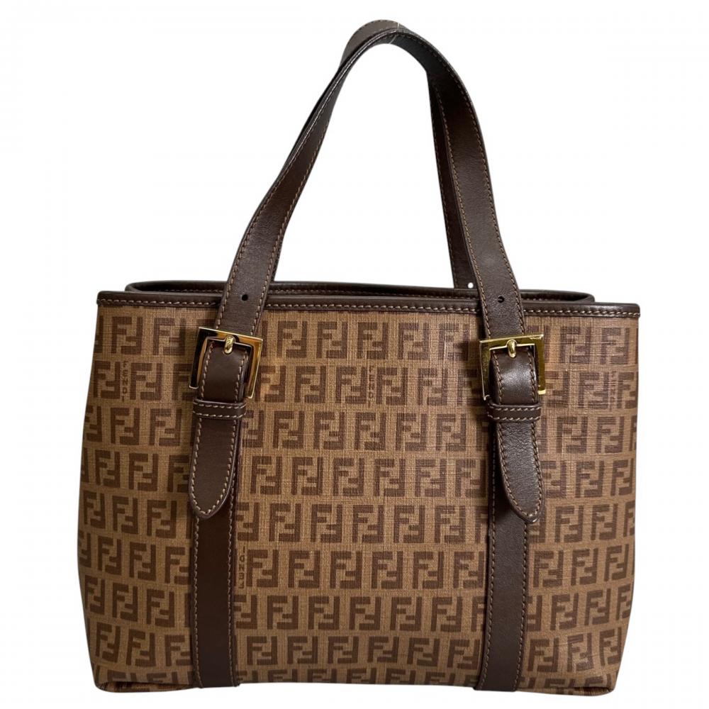 FENDI フェンディ ハンドバッグ ズッキーノ ダブルレザーハンドル 8BH237 PVCコーティングキャンバス ブラウン 茶 ゴールド金具 レディース【中古品】