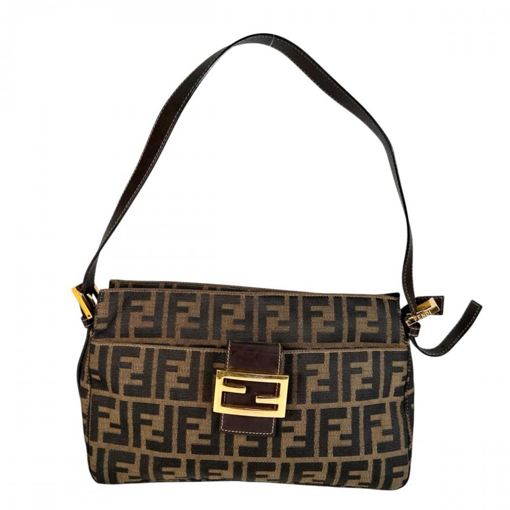 FENDI フェンディ ショルダーバッグ ズッカ マンマバケット FFロゴ ナイロン ブラウン 茶 ゴールド金具 レディース【中古品】