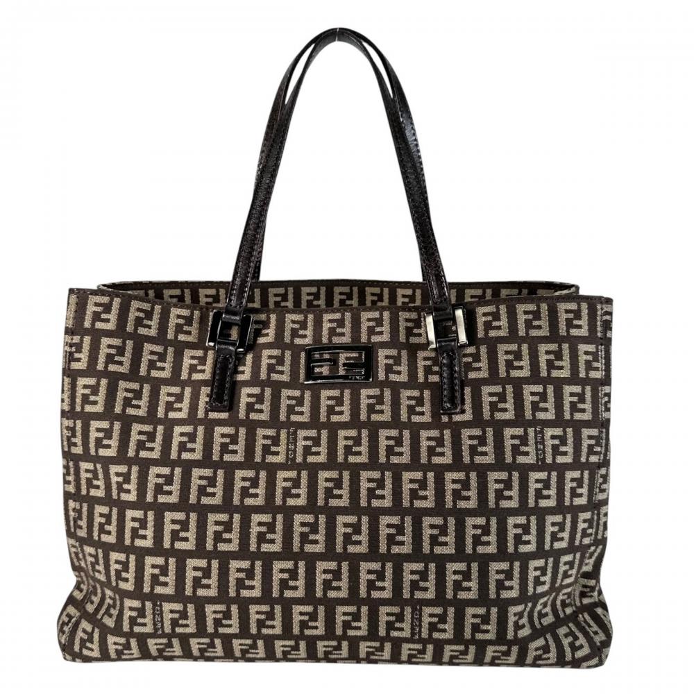 FENDI フェンディ ハンドバッグ ズッキーノ トートバッグ 8BH132 キャンバス レザー ブラウン 茶 シルバー金具 レディース【中古品】