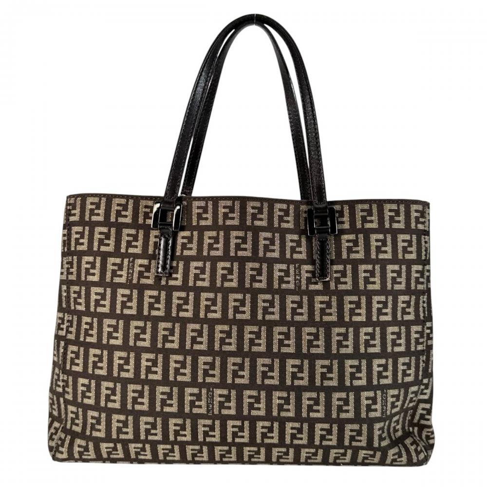 FENDI フェンディ ハンドバッグ ズッキーノ トートバッグ 8BH132 キャンバス レザー ブラウン 茶 シルバー金具 レディース【中古品】