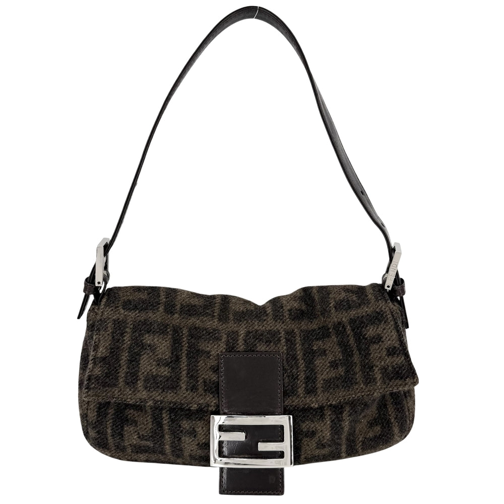 FENDI フェンディ ハンドバッグ ズッカ 26424 ウール レザー ブラウン 茶 シルバー金具 レディース【中古品】