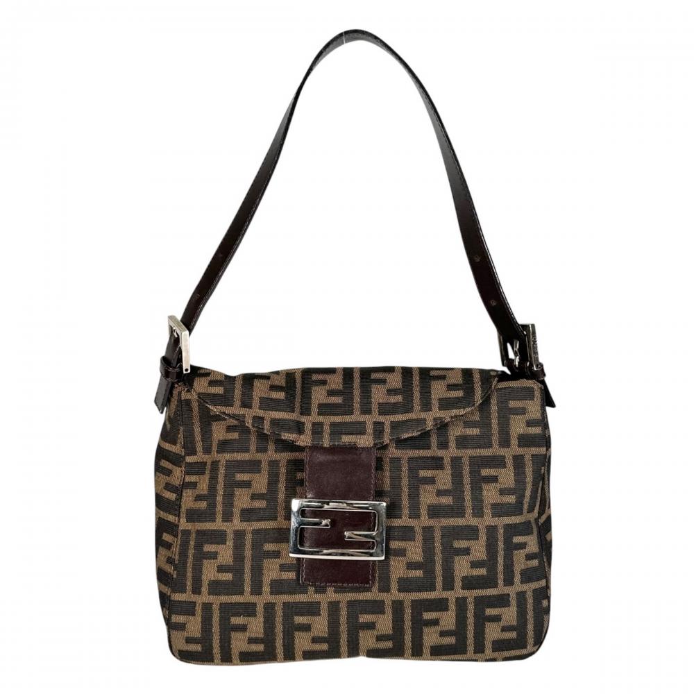 FENDI フェンディ ショルダーバッグ ズッカ マンマバケット 264260 キャンバス レザー ブラウン 茶 ブラック 黒 シルバー金具 レディース【中古品】