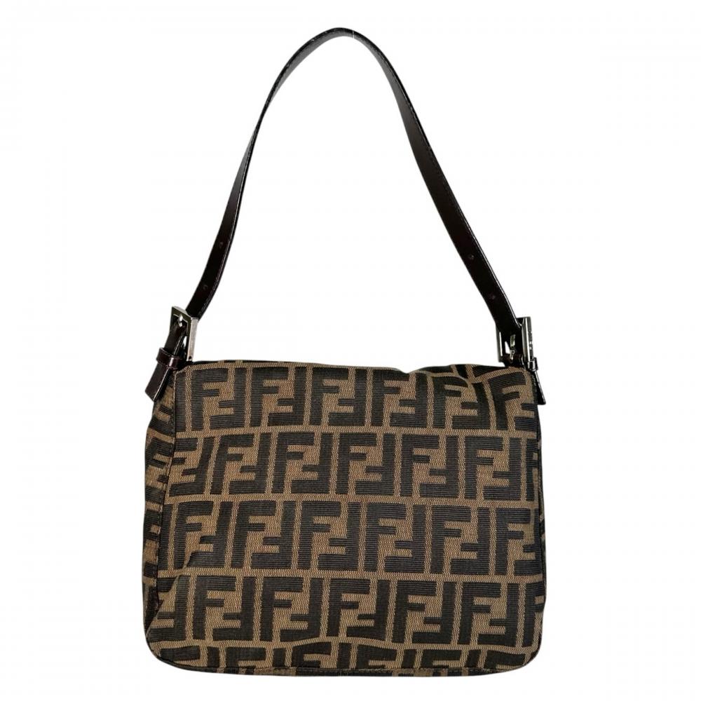 FENDI フェンディ ショルダーバッグ ズッカ マンマバケット 264260 キャンバス レザー ブラウン 茶 ブラック 黒 シルバー金具 レディース【中古品】