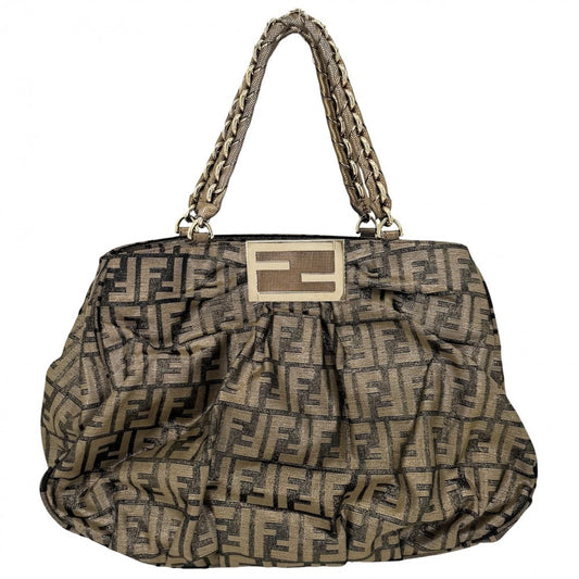 FENDI フェンディ ハンドバッグ ズッカ トートバッグ 8BR616 キャンバス レザー ブラウン 茶 シルバー金具 レディース【中古品】