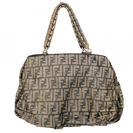 FENDI フェンディ ハンドバッグ ズッカ トートバッグ 8BR616 キャンバス レザー ブラウン 茶 シルバー金具 レディース【中古品】