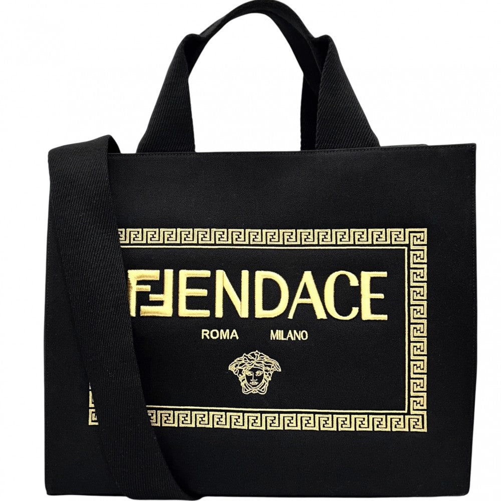 【開店SALE】 VERSACE ヴェルサーチ 2WAY FENDACE フェンダーチェ フェンディコラボ ハンドバッグ トートバッグ メデューサ 8BH395 キャンバス ブラック 黒 ゴールド ゴールド金具 レディース【中古品】