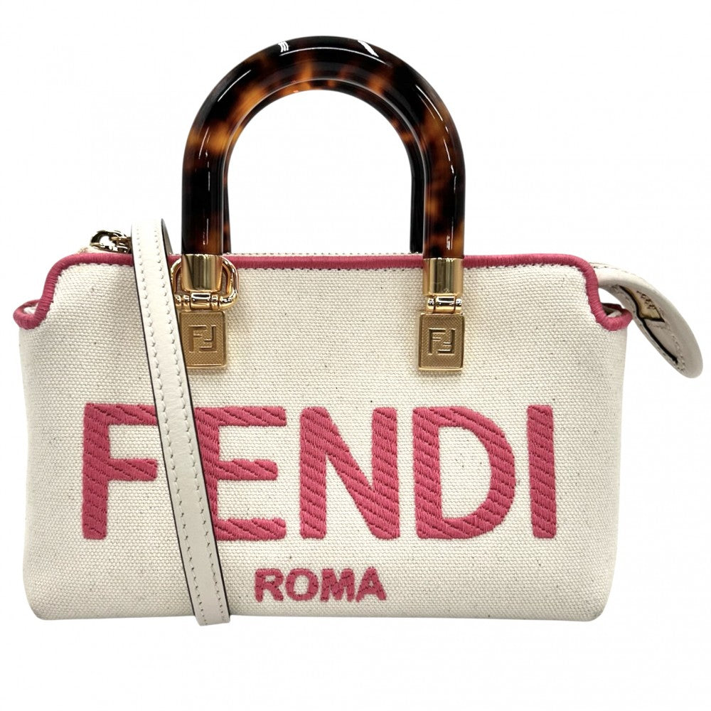 【開店SALE】 FENDI フェンディ 2WAY バイザウェイミニ ハンドバッグ ショルダーバッグ 小さめ 鞄 かばん 8BS067 キャンバス レザー アイボリー ピンク ゴールド金具 レディース【中古品】