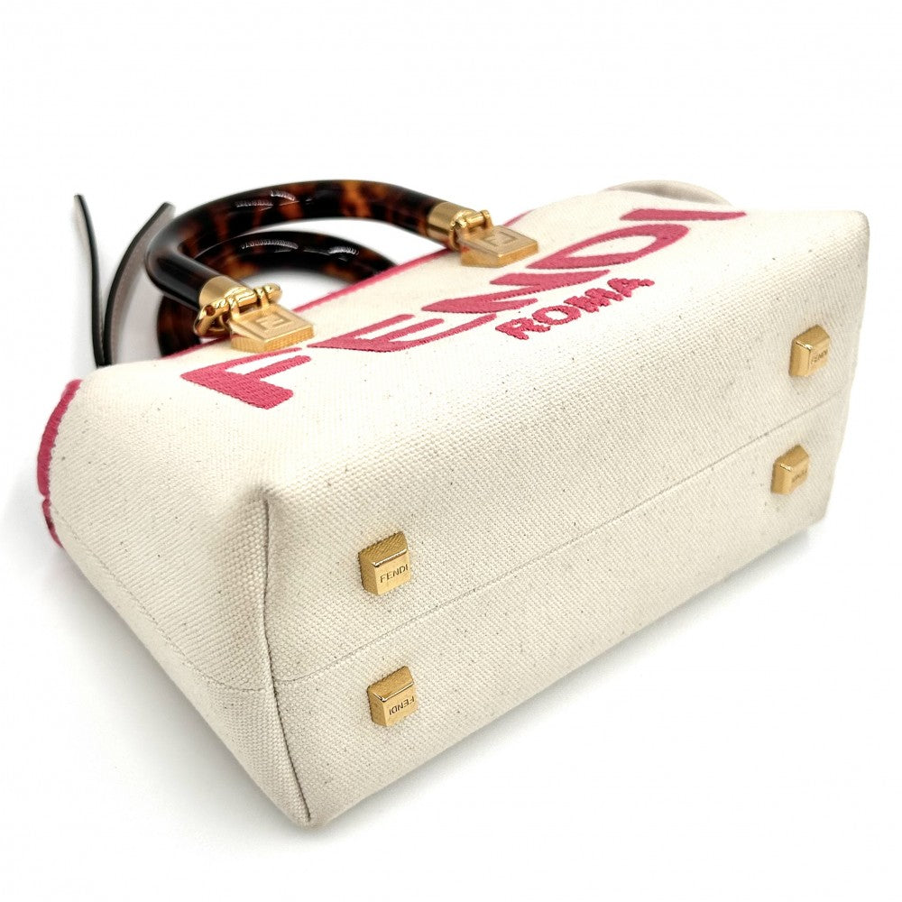 【開店SALE】 FENDI フェンディ 2WAY バイザウェイミニ ハンドバッグ ショルダーバッグ 小さめ 鞄 かばん 8BS067 キャンバス レザー アイボリー ピンク ゴールド金具 レディース【中古品】