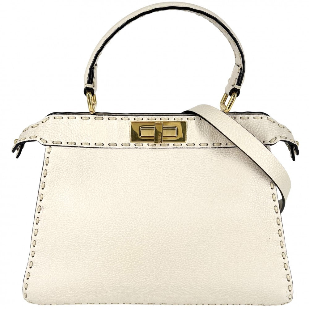 FENDI フェンディ 2WAY ピーカブー アイシーユー ミディアム ハンドバッグ ショルダーバッグ ISeeU セレリア ホワイト 白 8BN321 レザー アイボリー ゴールド金具 レディース【中古品】