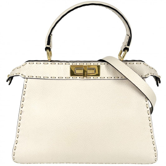 FENDI フェンディ 2WAY ピーカブー アイシーユー ミディアム ハンドバッグ ショルダーバッグ ISeeU セレリア ホワイト 白 8BN321 レザー アイボリー ゴールド金具 レディース【中古品】
