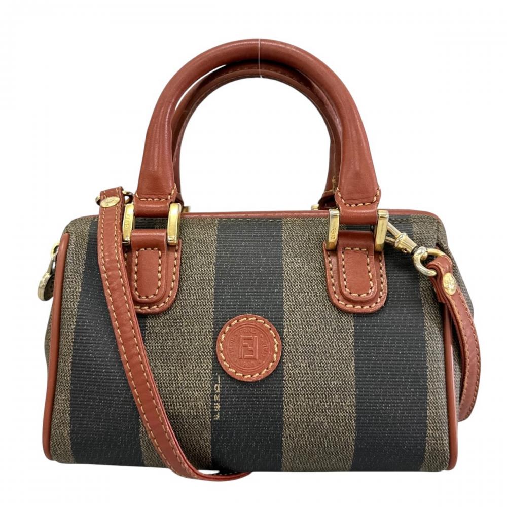 FENDI フェンディ 2WAY ペカン ミニボストン ショルダーバッグ ハンドバッグ 021-45960029 PVCコーティングキャンバス レザー ブラウン 茶 カーキ ゴールド金具 レディース【中古品】