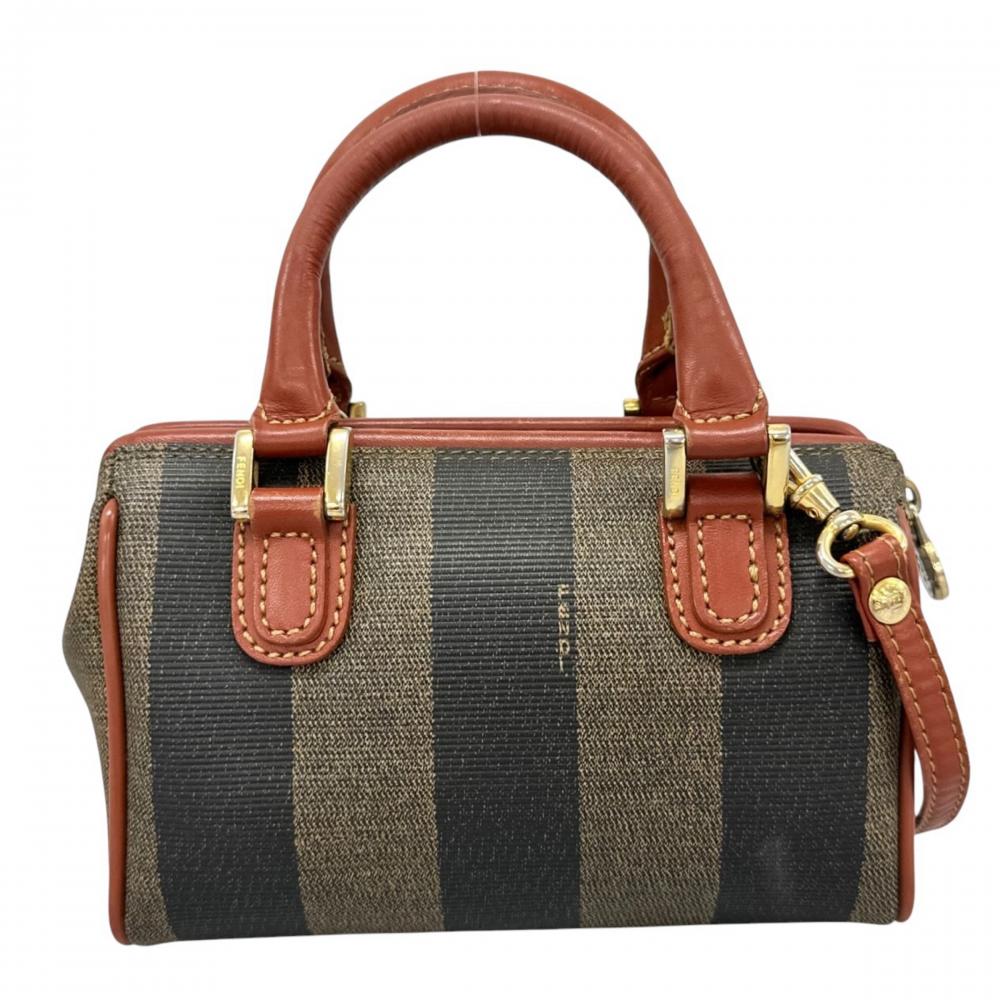FENDI フェンディ 2WAY ペカン ミニボストン ショルダーバッグ ハンドバッグ 021-45960029 PVCコーティングキャンバス レザー ブラウン 茶 カーキ ゴールド金具 レディース【中古品】