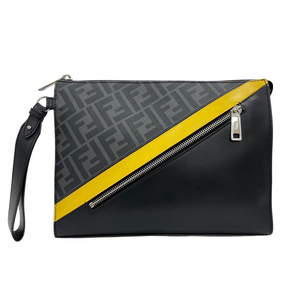 FENDI フェンディ クラッチバッグ ズッカ フラットスリム 7VA491 コーティングキャンバス レザー ブラック 黒 イエロー シルバー金具 メンズ【中古品】