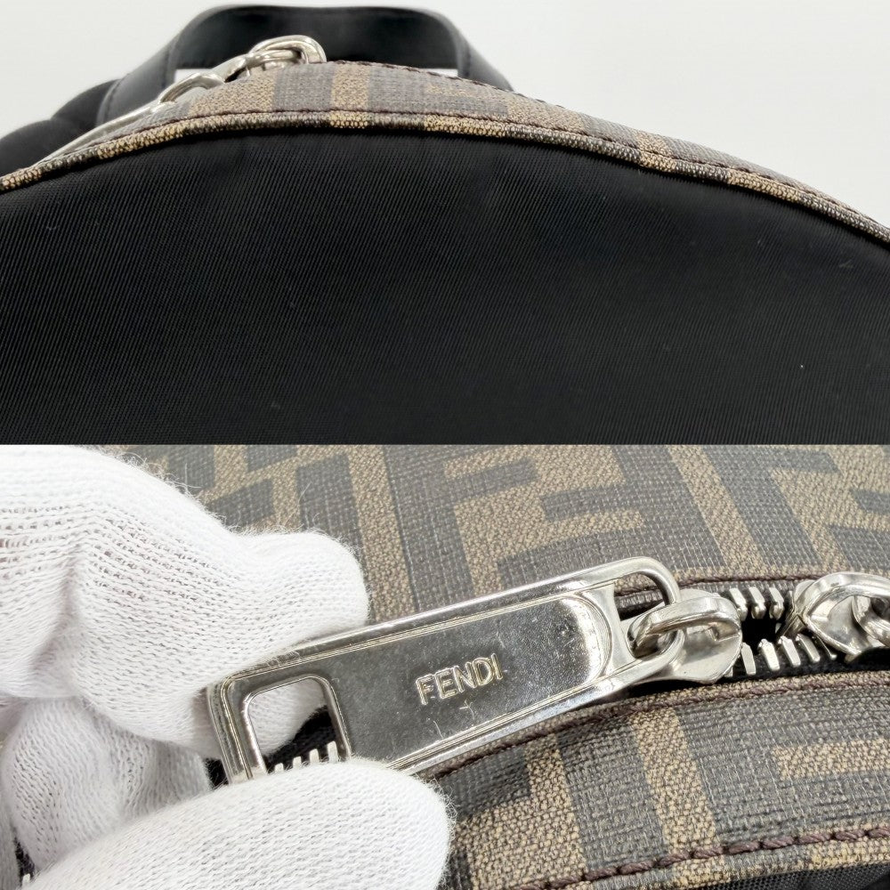 FENDI フェンディ リュック ズッカ バックパック 7VZ042 ナイロン レザー ブラウン 茶 ブラック 黒 シルバー金具 メンズ【中古品】