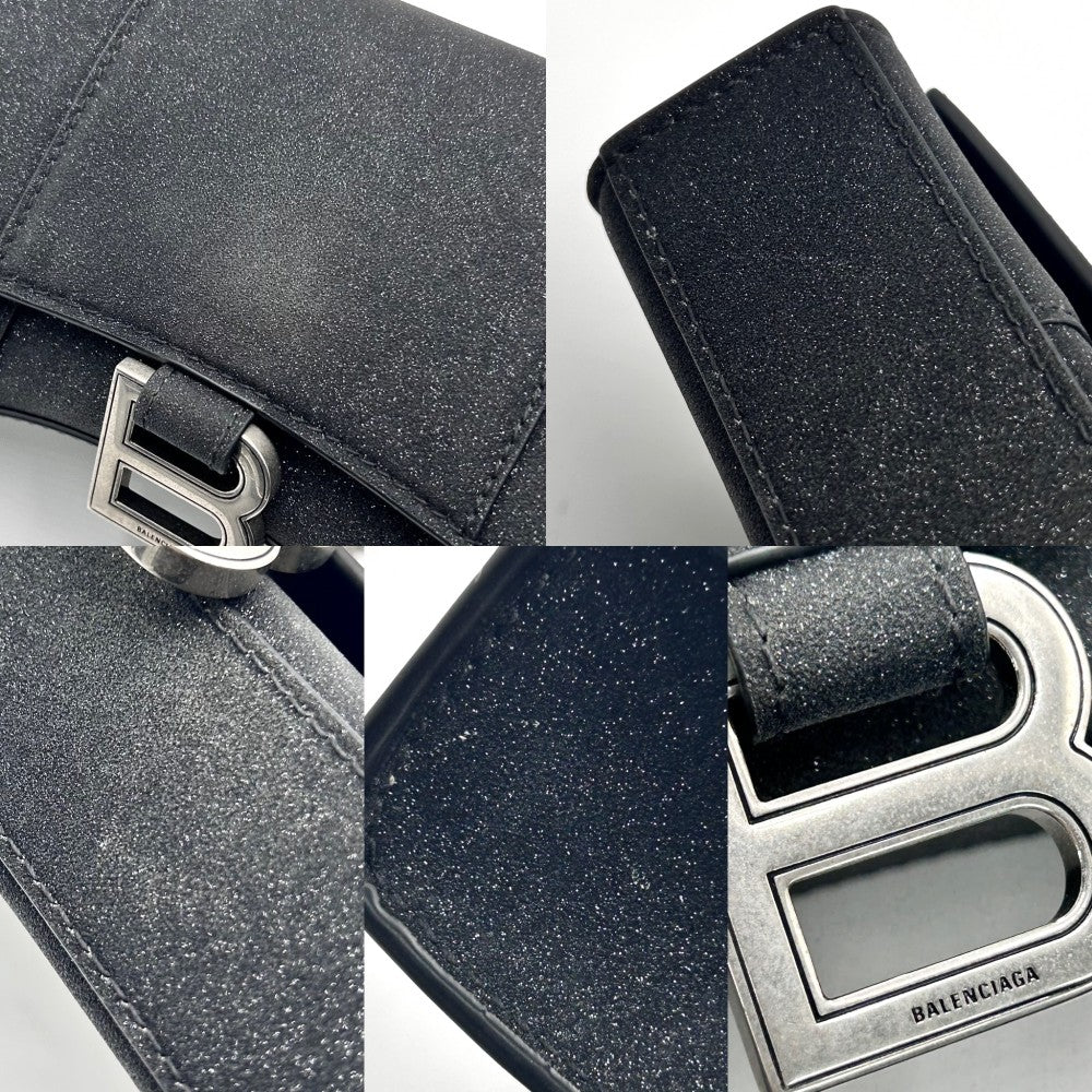 【開店SALE】 BALENCIAGA バレンシアガ チェーンウォレット アワーグラス チェーンミニウォレット ラメ ショルダーバッグ HOURGLASS かばん 鞄 656050 キャンバス ブラック 黒 シルバー金具 レディース【中古品】