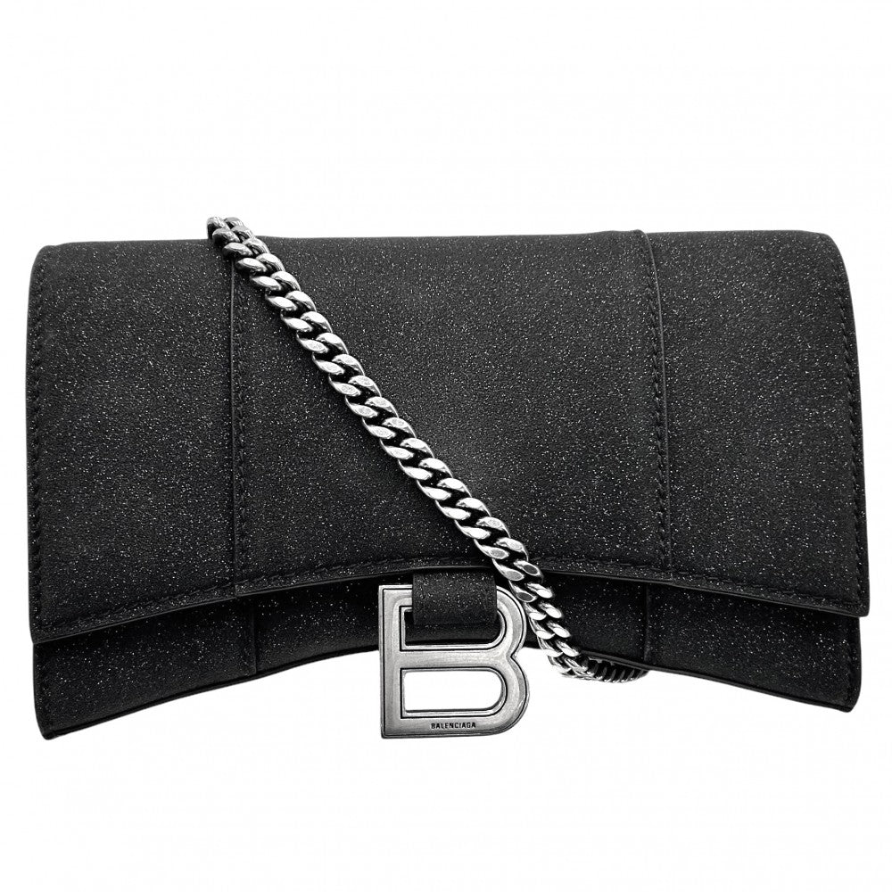 【開店SALE】 BALENCIAGA バレンシアガ チェーンウォレット アワーグラス チェーンミニウォレット ラメ ショルダーバッグ HOURGLASS かばん 鞄 656050 キャンバス ブラック 黒 シルバー金具 レディース【中古品】