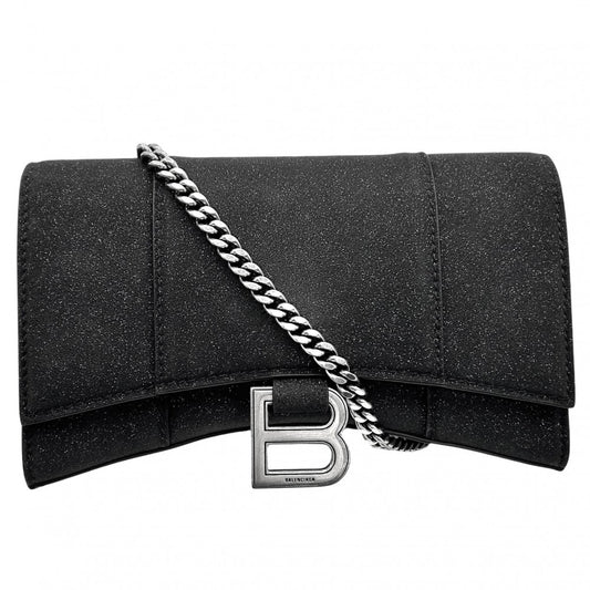 【開店SALE】 BALENCIAGA バレンシアガ チェーンウォレット アワーグラス チェーンミニウォレット ラメ ショルダーバッグ HOURGLASS かばん 鞄 656050 キャンバス ブラック 黒 シルバー金具 レディース【中古品】