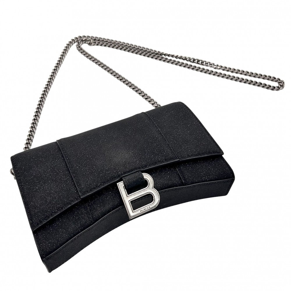 【開店SALE】 BALENCIAGA バレンシアガ チェーンウォレット アワーグラス チェーンミニウォレット ラメ ショルダーバッグ HOURGLASS かばん 鞄 656050 キャンバス ブラック 黒 シルバー金具 レディース【中古品】