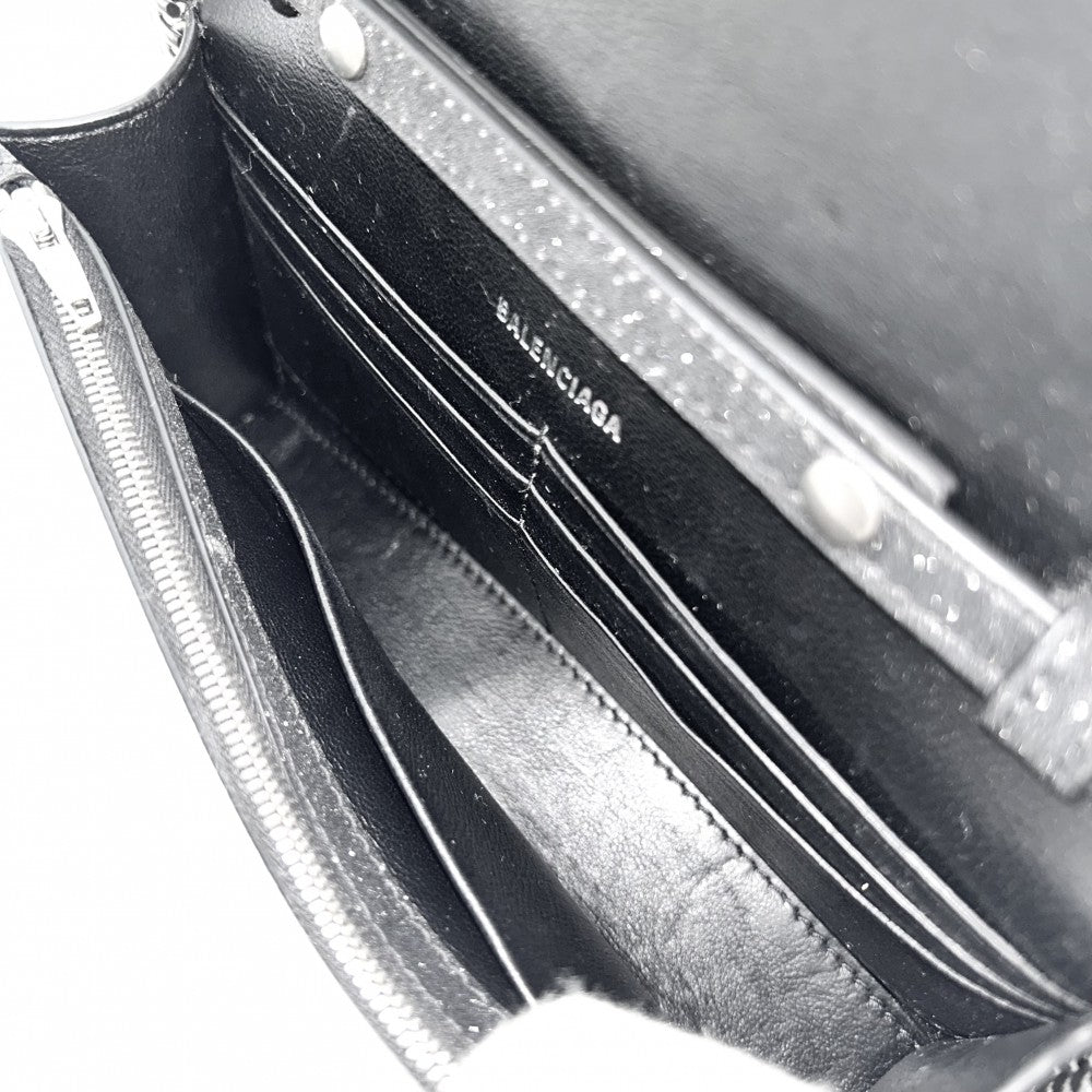 【開店SALE】 BALENCIAGA バレンシアガ チェーンウォレット アワーグラス チェーンミニウォレット ラメ ショルダーバッグ HOURGLASS かばん 鞄 656050 キャンバス ブラック 黒 シルバー金具 レディース【中古品】