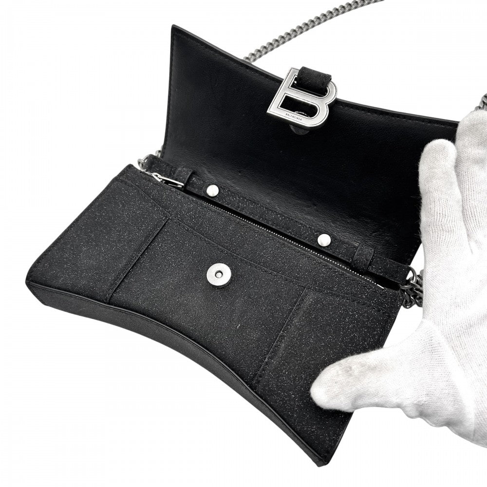 【開店SALE】 BALENCIAGA バレンシアガ チェーンウォレット アワーグラス チェーンミニウォレット ラメ ショルダーバッグ HOURGLASS かばん 鞄 656050 キャンバス ブラック 黒 シルバー金具 レディース【中古品】
