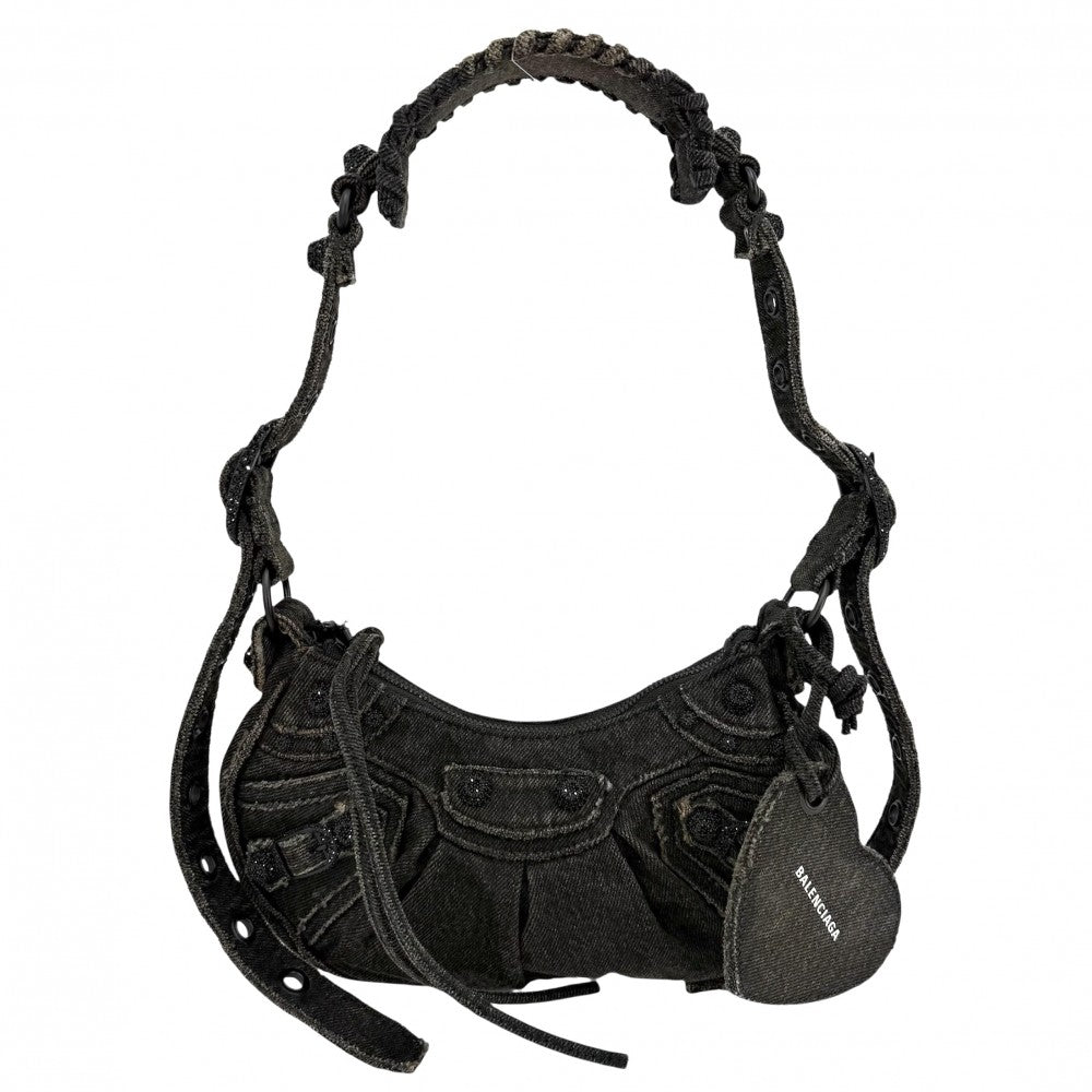 【開店SALE】 BALENCIAGA バレンシアガ ショルダーバッグ ル・カゴールXS ラインストーン ミラー付き LE CAGOLE 671309 デニム ブラック 黒 ブラック金具 レディース【中古品】