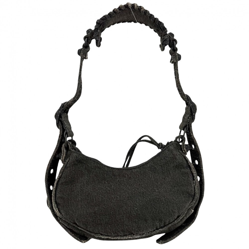 【開店SALE】 BALENCIAGA バレンシアガ ショルダーバッグ ル・カゴールXS ラインストーン ミラー付き LE CAGOLE 671309 デニム ブラック 黒 ブラック金具 レディース【中古品】