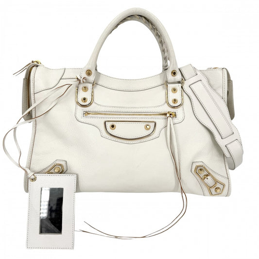 BALENCIAGA バレンシアガ 2WAY クラシック メタリック エッジ ハンドバッグ ショルダーバッグ 390154 レザー ホワイト 白 ゴールド金具 レディース【中古品】