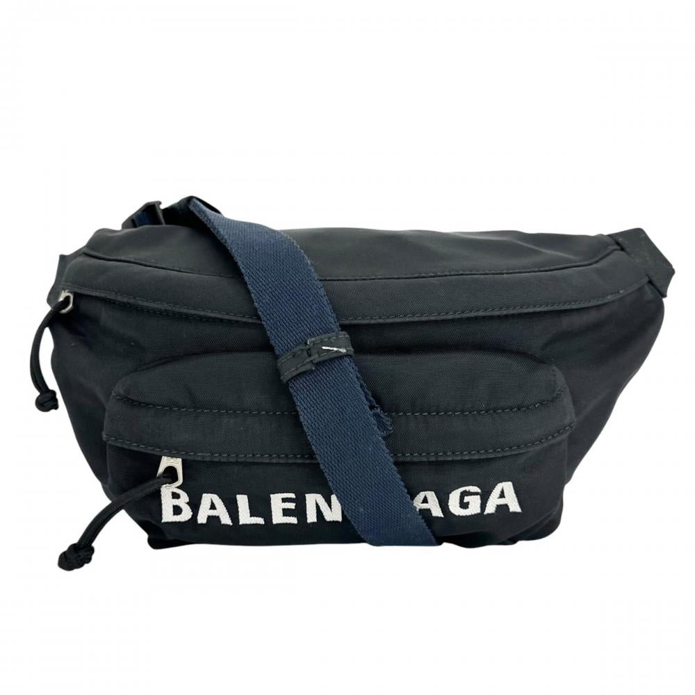 BALENCIAGA バレンシアガ ボディバッグ ウィールベルトバッグ 533009 ナイロン ブラック 黒 ダークブルー シルバー金具 メンズ【中古品】