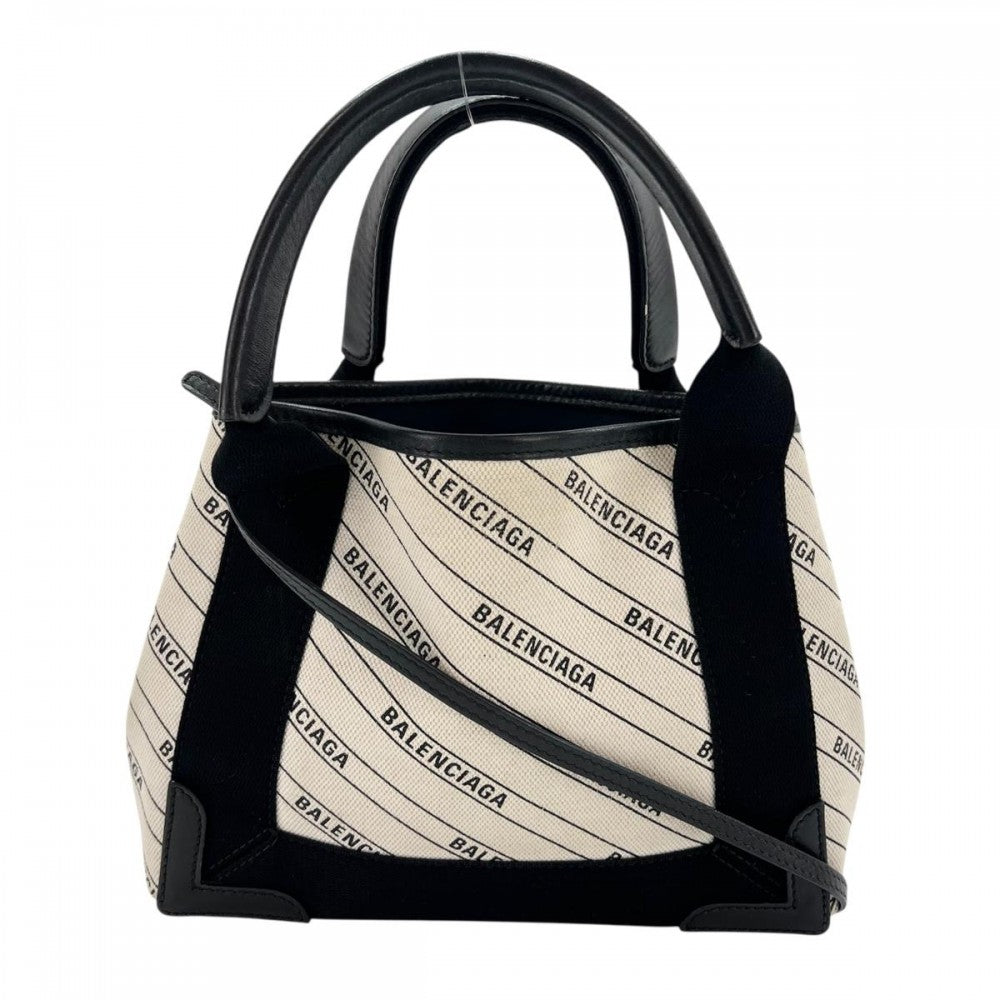 【開店SALE】 BALENCIAGA バレンシアガ 2WAY ネイビーカバス ハンドバッグ ショルダーバッグ XS 総柄 レザー ホワイト 白 ブラック 黒 シルバー金具 レディース【中古品】